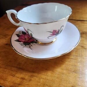 Crownford English Bone China Cup & Saucer Pale Pink with Dark Pink Flowers